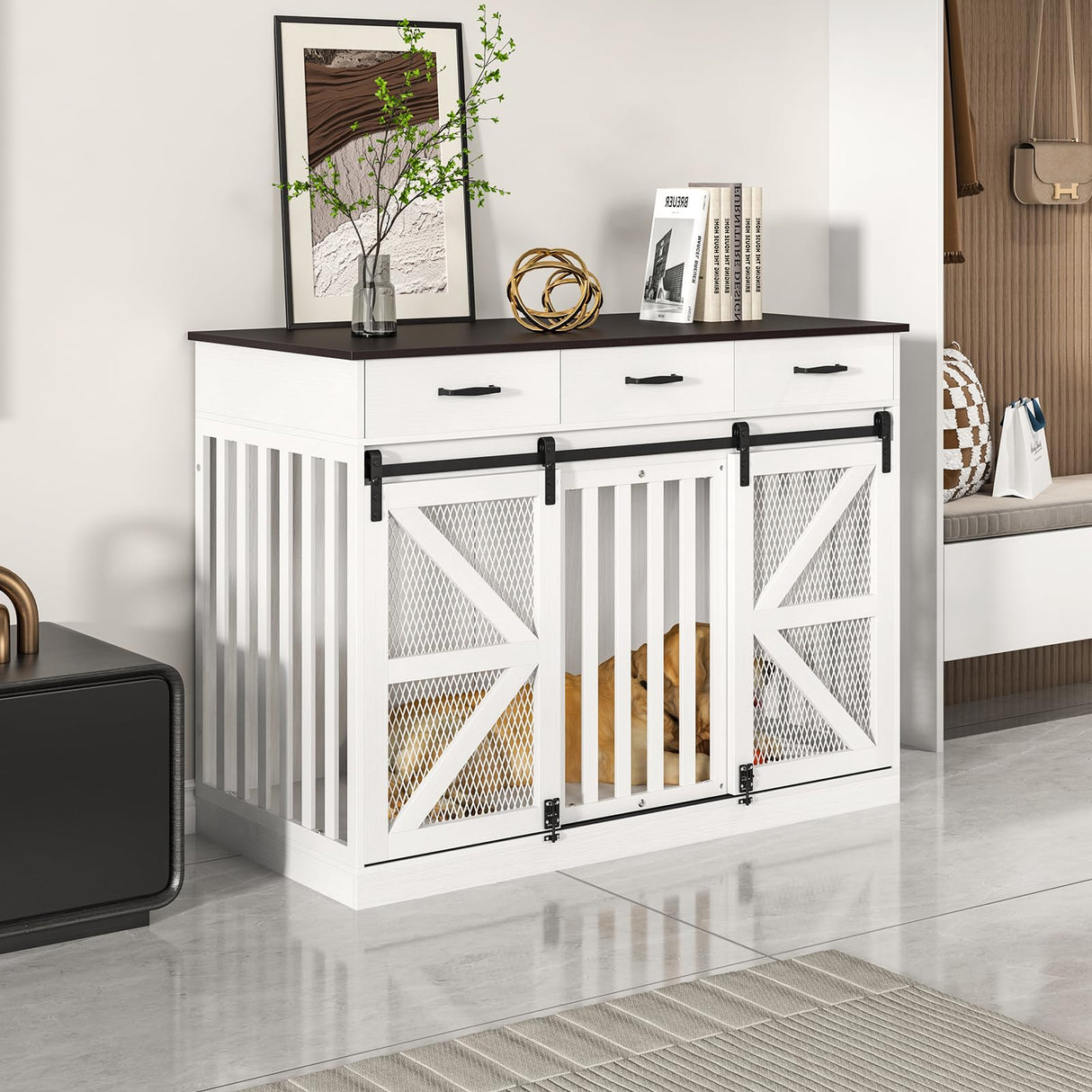 kepptory 48'' Dog Crate Furniture with Divider&Storage Drawers, Wooden Double Dog Kennel Furniture End Table with Sliding Barn Doors, White Double Dog Crate TV Stand kepptory