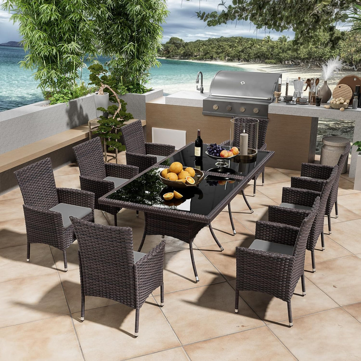 ASJMR 10 Pieces Dining Sets for 8 with Rattan Dining Set Chairs x8 and Square Table Glass Topx2 with Umbrella Cutout, Outdoor and Indoor Set-Grey ASJMR