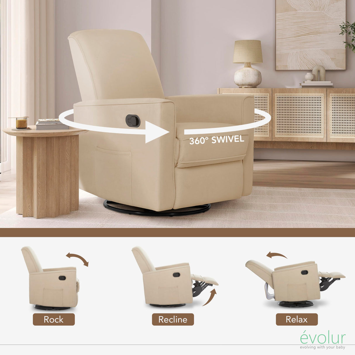 Evolur Raleigh Glider in Tan, Upholstered Plush Seating 360° Swivel Glider Rocking Chair, FSC Certified, Greenguard Gold & JPMA Certified Nursery Glider Recliner Evolur