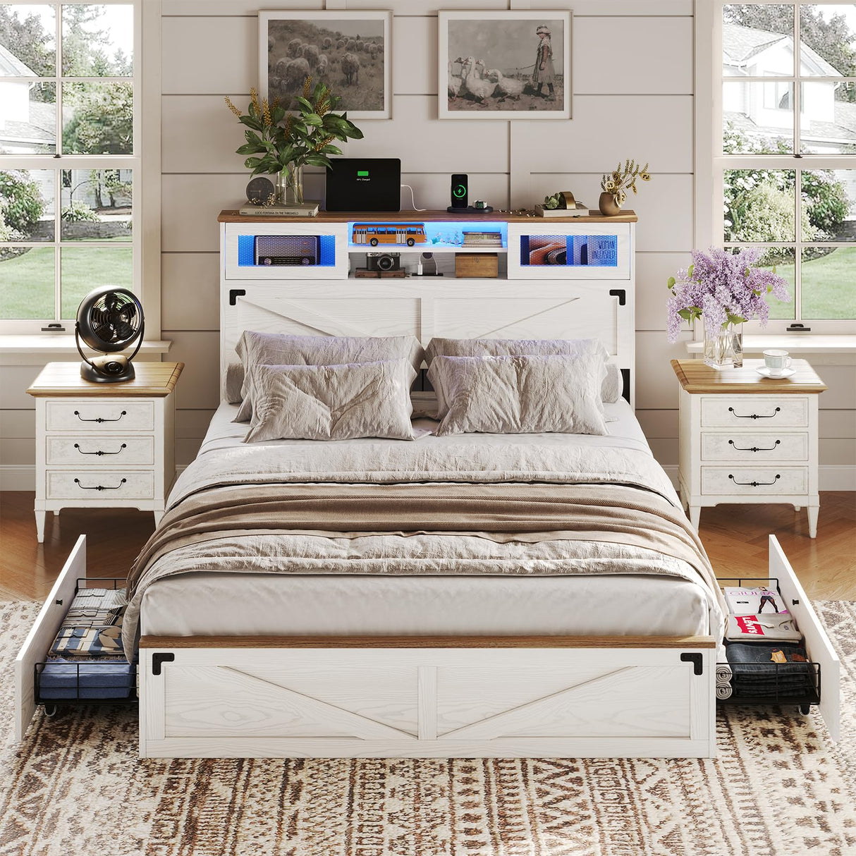 Hasuit Queen Size Farmhouse Bed Frame with Bookcase Headboard, LED Lights, Charging Station, and 2 Drawers in White Hasuit