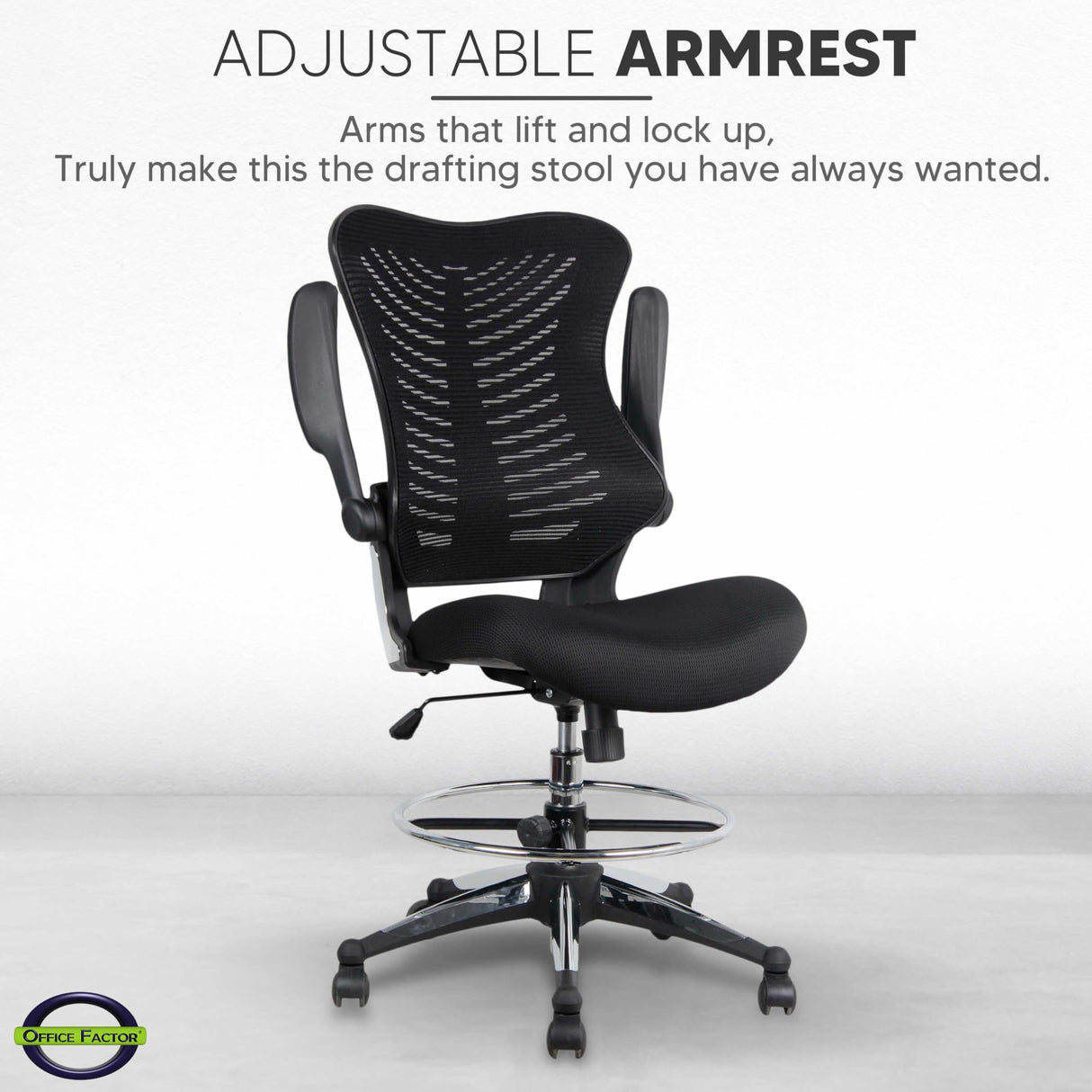 OfficeFactor Ergonomic Drafting Chair Tall Office Chair Standing Desk Chair Flip up Armrests Molded Foam Seat with Adjustable Footrest Ring Lumbar Support (Black MESH Fabric) OFFICE FACTOR