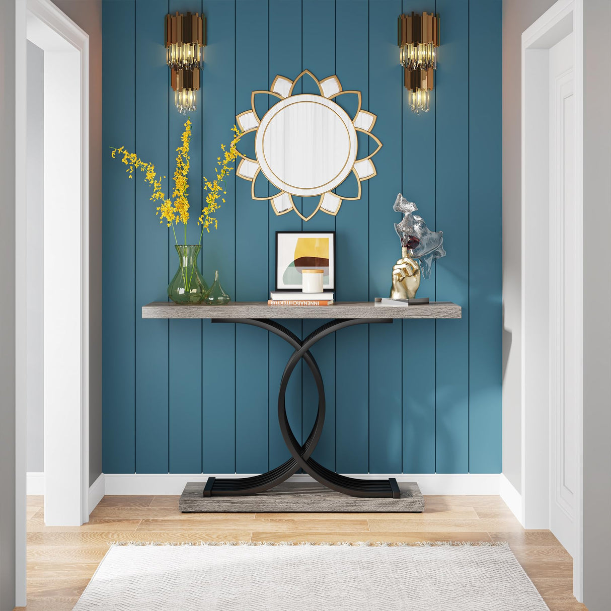 Tribesigns Industrial Entryway Table, 39-Inch Vintage Console Table Accent Table with Geometric Metal Legs, Narrow Wood Sofa Table Foyer Table for Entrance, Living Room (Gray & Black) Tribesigns