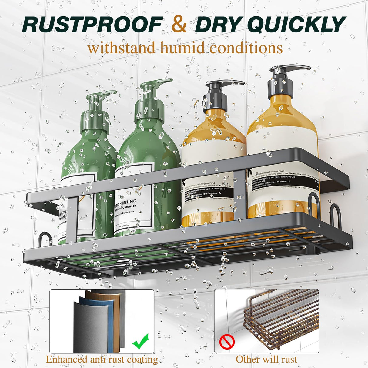 Youvip Adhesive Shower Caddy,Shower Shelves with Soap Holder and 12 Hooks,Rustproof No Drilling Bathroom Organizer and Storage,Black,3 Pack Youvip