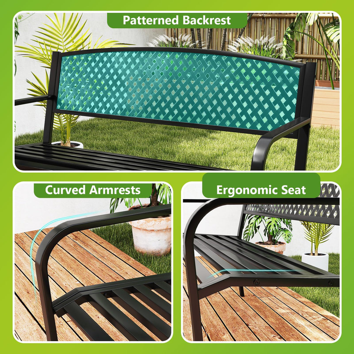 Tangkula Metal Outdoor Park Bench, 50 Inches Garden Bench with Patterned Backrest and Curved Armrests, 2-3-Person Patio Bench, Outside Heavy-Duty Metal Loveseat Chair for Porch, Lawn, Yard & Park Tangkula