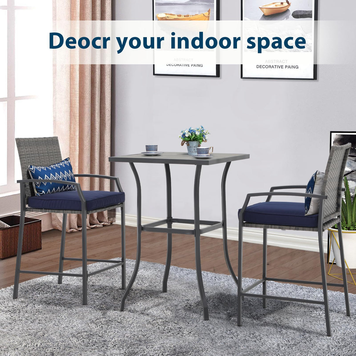 JOIVI 3 Piece Patio Bar Set, Outdoor Wicker Counter Height Bar Stools and Wood Top Table Set for 2 People, Bar Height Table Bistro Set with 2 Bar Chairs and Cushions for Backyard, Balcony JOIVI