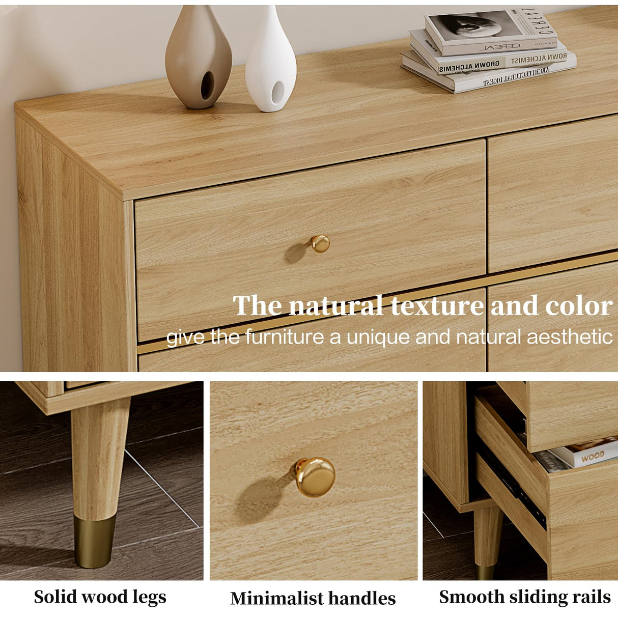 Chrangmay 9 Drawer Dresser,63" Wide Mid Century Modern Chest of Drawers,Wooden Bedroom Drawer Dresser with 9 Storage Drawers for Bedroom, Living Room,with Anti-Tipping Device,Woody Chrangmay