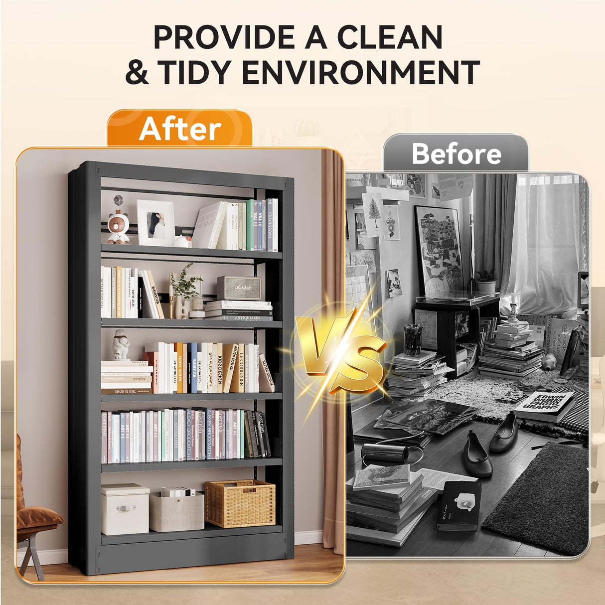 CRPDY 71" Tall Metal Bookshelf 5 Tier Heavy Duty Bookshelves with Adjustable Storage Shelves Library Bookcase with Book Stopper for Living Room, Library, Office, Bedroom, School CRPDY