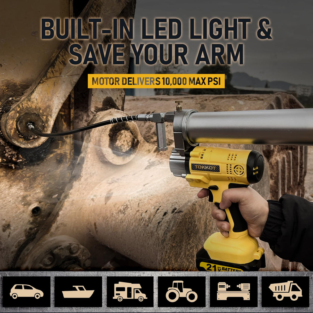 TOKKOT Electric Grease Gun–10,000 PSI Cordless Grease Gun Kit with 2 Batteries,21” Flexible Hose, Variable Speed Trigger & LED Light–Compatible with Ma-Kita 18V/21V Batteries TOKKOT