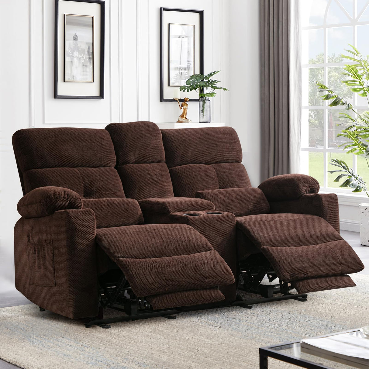 Home Theater Seating Loveseat Recliner Sofa, Power Reclining Couch with Massage & Heat, USB Charging Port, 2 Lumbar Support Pillows, Center Console, Cup Holder, Side Pocket, for RVs, Movie Room P.H.Furn