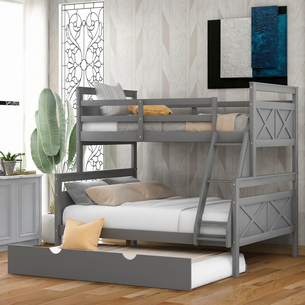 Merax Twin Over Full Bunk Bed with Trundle, Ladder & Safety Guardrail, Wooden Bunk Bed Frame for Kids Adults Teens Bedroom, Convertible to 2 Separated Beds, No Box Spring Needed, Easy Assembly, Grey Merax