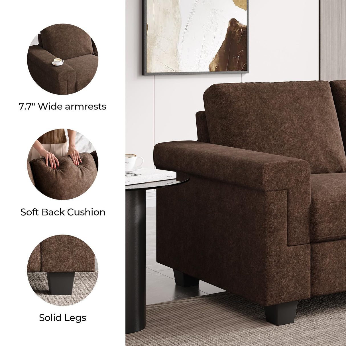 COPIAE 3 Seater Sofa Couch with Deep Seat, 90" Modern Upholstered Sofa with Armrests, Easy Installation, Comfy Couches for Living Room, Apartment,Dark Brown COPIAE