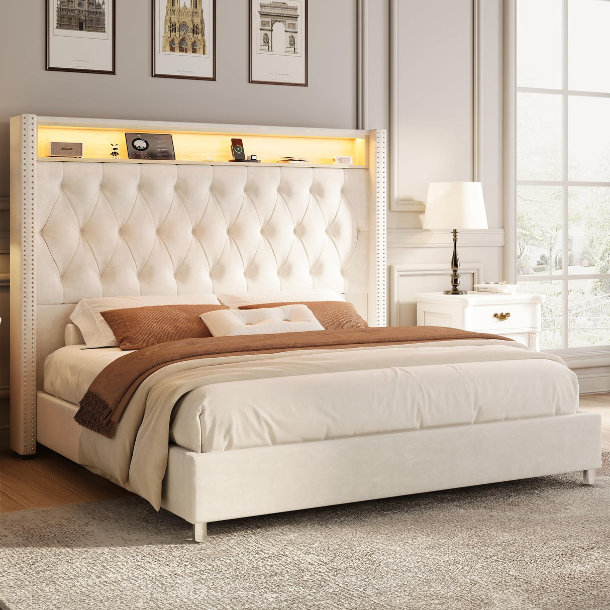 Jocisland King Size Bed Frame 53.6'' Tall Storage Headboard with LED Lights & Charging Station, Velvet Upholstered Button Tufted Wingback Platform Beds, No Box Spring Needed, USB Ports, Cream Jocisland