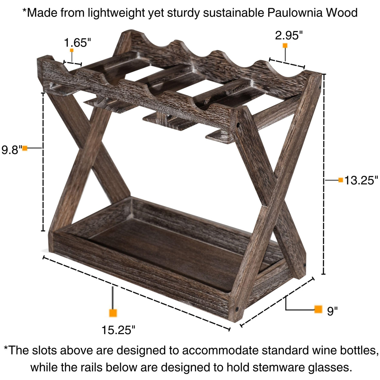 Rustic State Cava Countertop Solid Wood Wine Rack for 4 Bottles and 6 Stemware Glass Holder Cork Storage Tabletop Tray Freestanding Organizer - Home, Kitchen, Dining Room Bar Décor - Walnut Rustic State