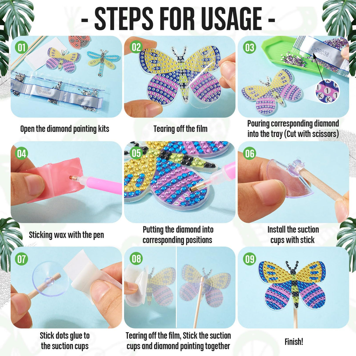 Boutigem 12Pcs Insect Diamond Art Painting Kit for Garden Decor 5D Butterfly Dragonfly Ladybug Bee Diamond Painting Stakes Supplies for Adult Beginner Party Home Ornament Boutigem