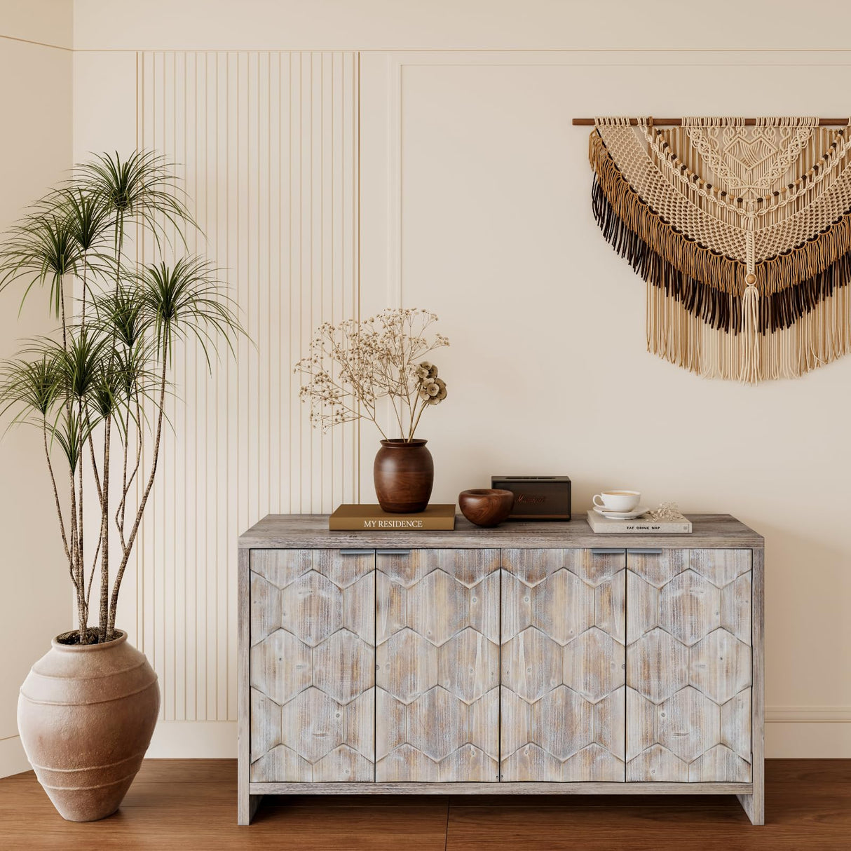 WILSHINE Sideboard Buffet Credenza with Cabinet, 60 Inch Sideboards Entryway Table with Storage for Kitchen Living Room, 4 Doors, Natural Wood Wash WILSHINE