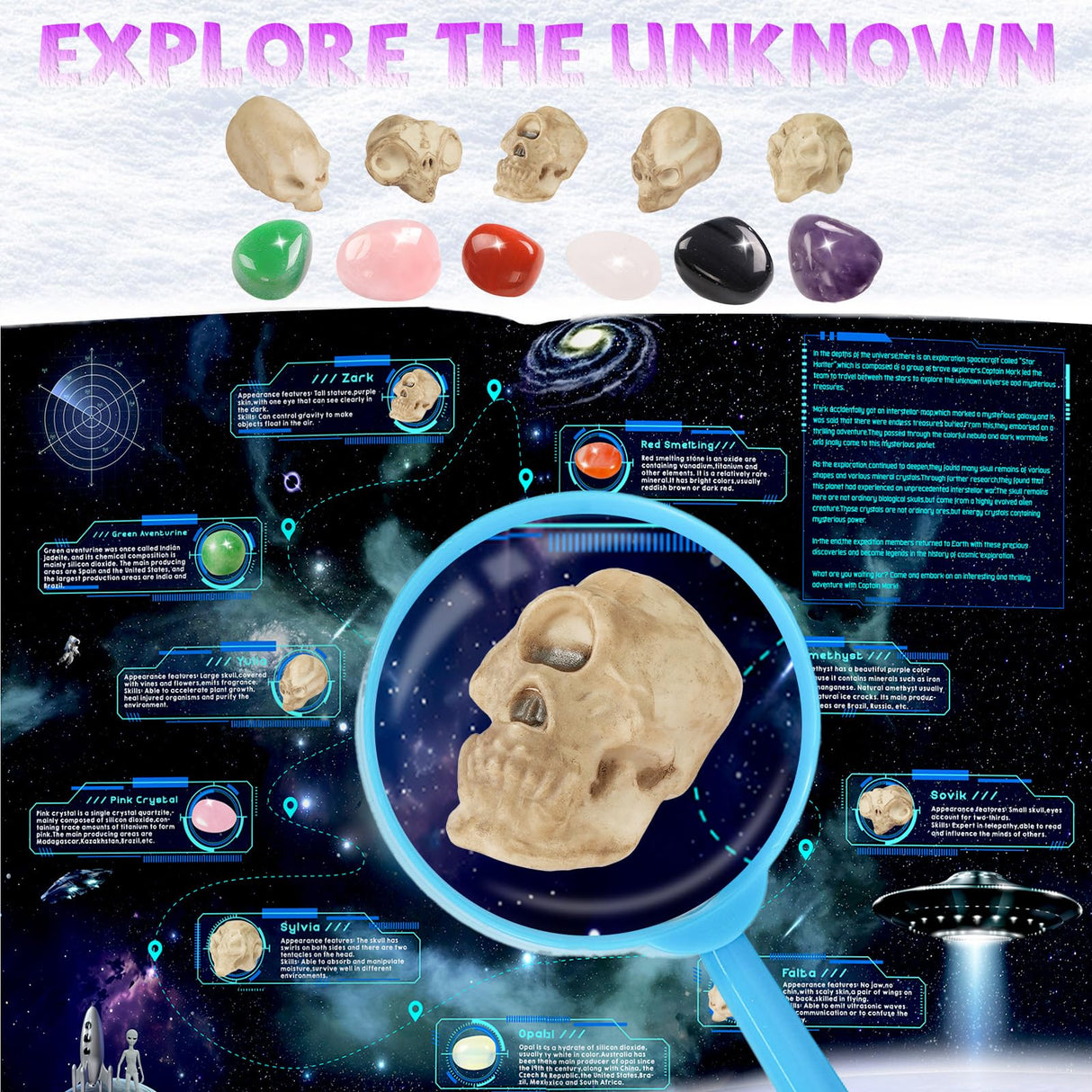 Rileryan Dig Kit, Dig Up 12 PCS Real Gemstones Crystals and Alien Skulls with Dig Tools, Rock Dig Kit Spaceship Explore Discovery Dig Monster for Easter Gifts Rileryan