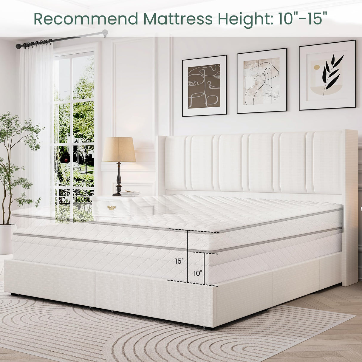 LARMACE King Size Bed Frame with 4 Storage Drawers and Wingback Headboard Linen Upholstered Platform Bed Frame with Wooden Slats, Easy Assembly, White LARMACE