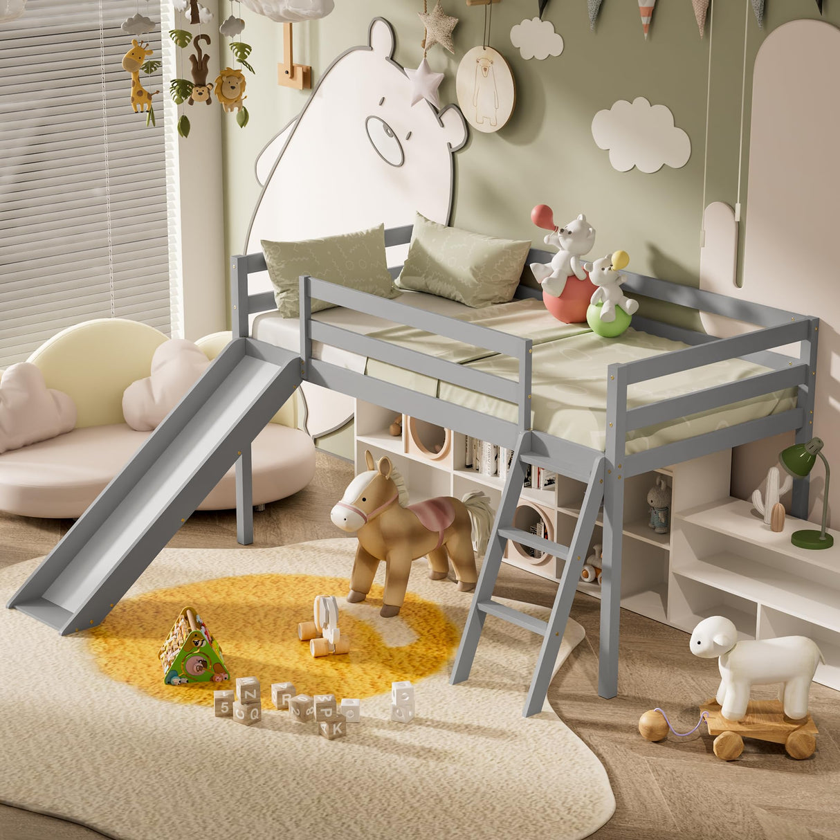 TOLEAD Low Loft Bed with Slide, Wood Twin Loft Bed Frame with Climbing Ladder & Storage Space for Kids Toddler (Grey) TOLEAD
