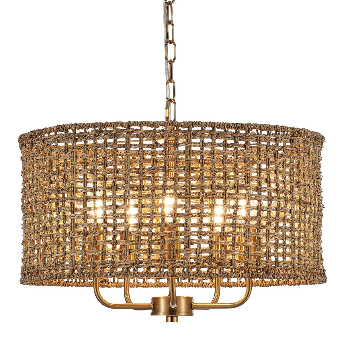 YOMECOO Hand-Woven Rattan Chandelier Vintage Farmhouse Boho Bamboo Light Fixture Mini Retro 5-Lights Drum Wicker Rattan Chandelier for Dining Room, Kitchen, Living Room YOMECOO