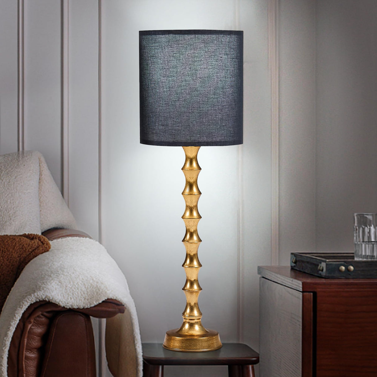 EUO 30.5" Gold Buffet Lamps Set of 2 with Black Shade, Buffet Table Lamps Set of 2 for Living Room, Black Gold Lamps for Dining Room, Gold Bamboo Lamps for Credenza, Black/Gold EUO