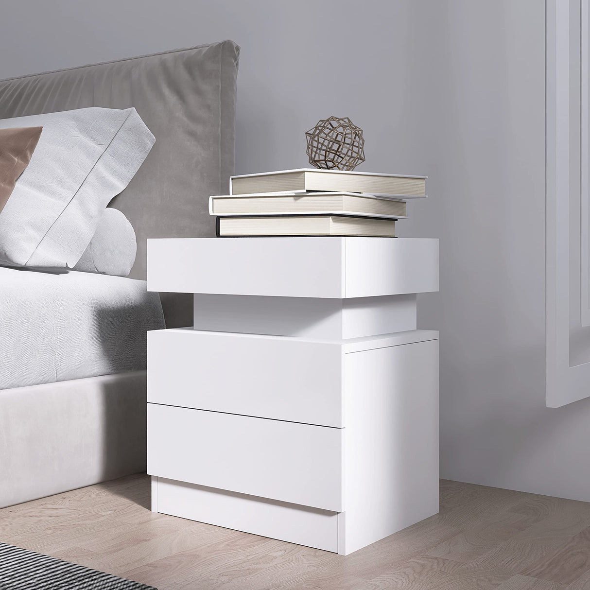 Yoluckea LED Nightstand for Bedroom, Modern High Gloss Wood 2 Drawers White Nightstand Bedside Table End Table with Flip Top Hidden Storage Compartment for Bedroom Living Room Yoluckea