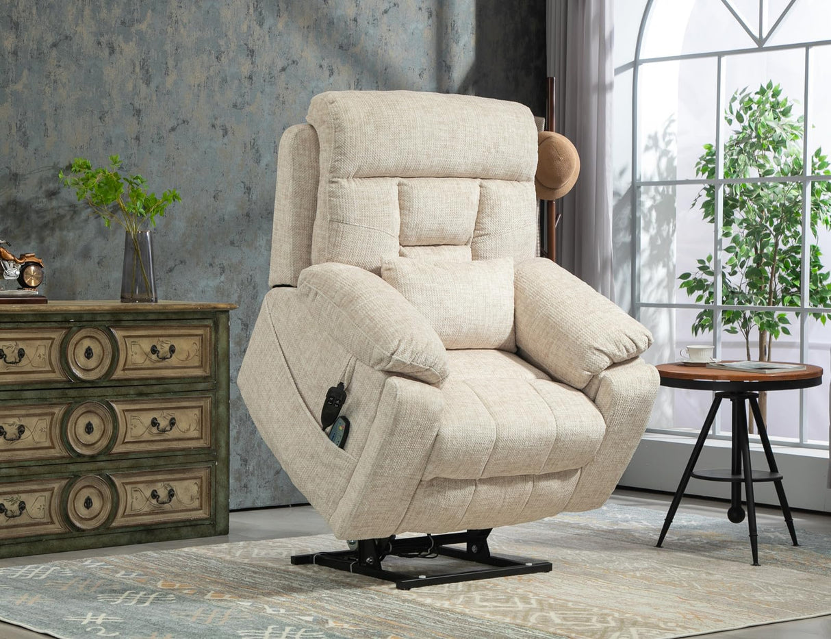 Big Tall Man Power Lift Lay Flat Recliner, Extra Wide Oversized Heat Massage Dual Motor Recliners Up to 400 LBS, Large Electric Power Recliner Chairs for Elderly, Adults, Lazy Boy(Cream Chenille) LITVZ
