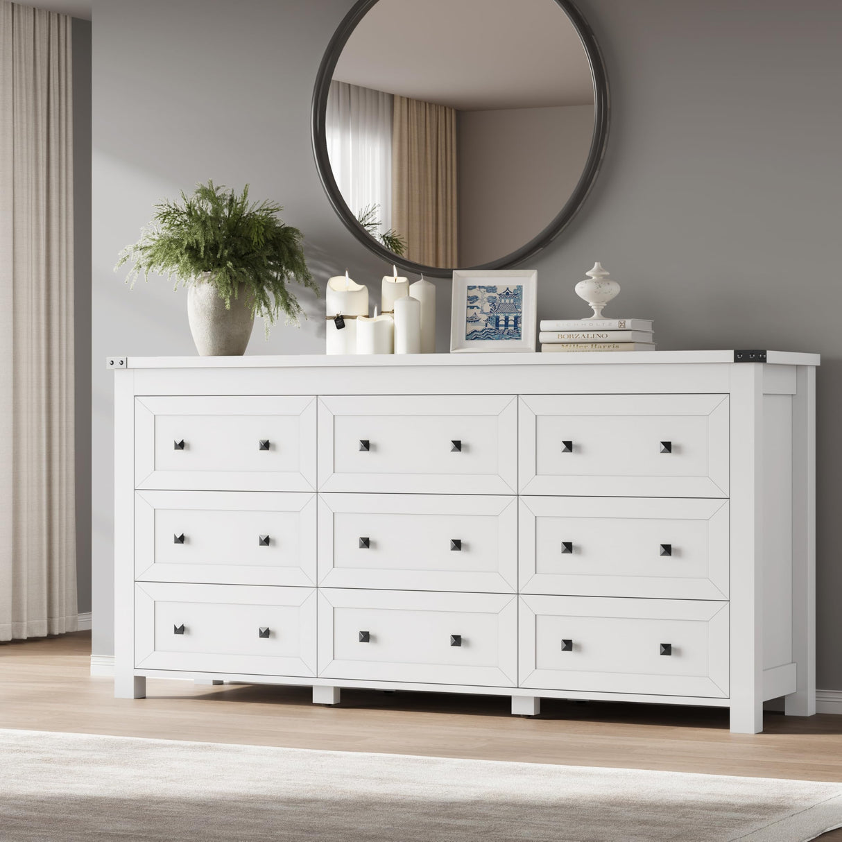 BORNOON 9-Drawer Dresser, Modern Wooden Storage Chest of Drawers, Dresser TV Stand, Wood Drawer Organizer with Metal Handles for Bedroom, Living Room, Hallway BORNOON