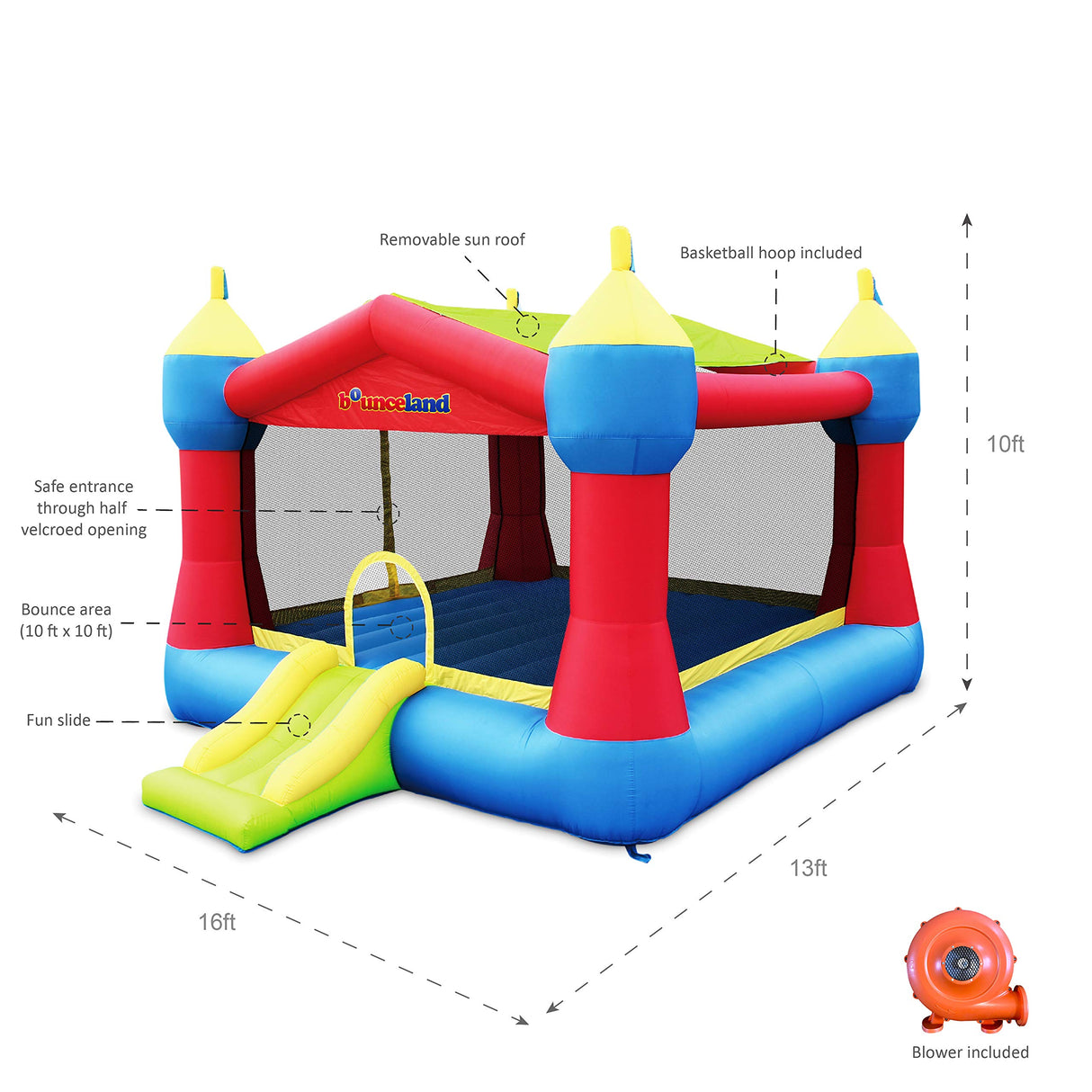 Bounceland Inflatable Party Castle Bounce House Bouncer, 16 ft L x 13 ft W x 10.3 ft H, Basketball Hoop, Removable Sun Roof, UL Strong Blower included, Fun Slide and Bounce Area, Castle Theme for Kids Bounceland