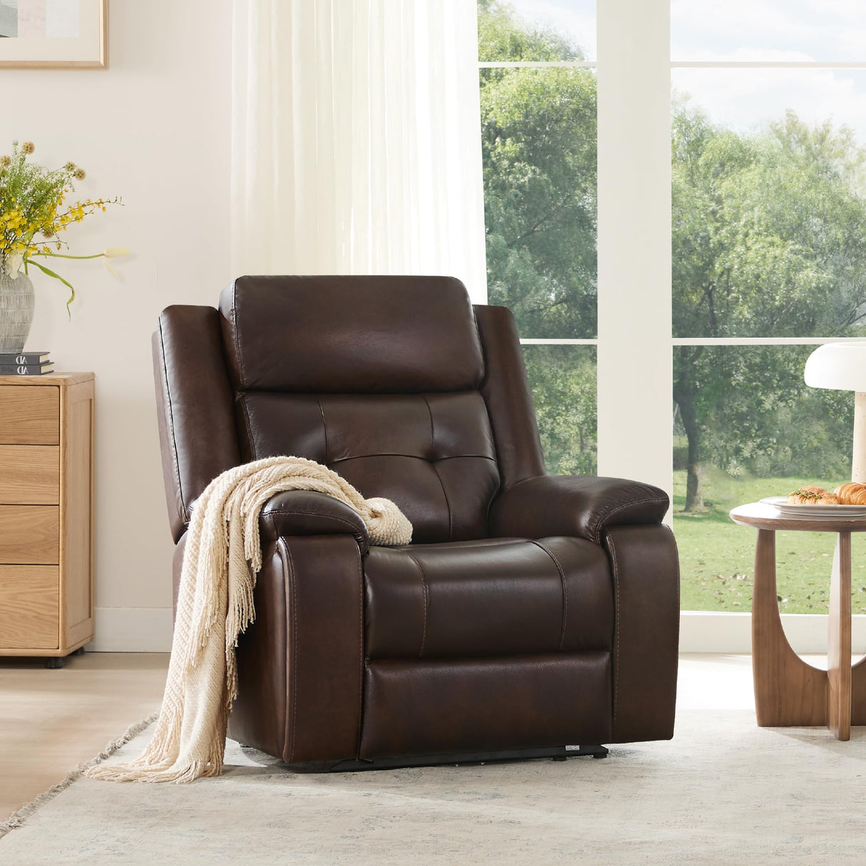 Watson & Whitely Genuine Leather Power Recliner Chair for Adults, Wall Hugger Recliner with Power Headrest, Cup Holders & Charging Ports, Electric Reclining Chairs for Living Room, RV, Dark Brown Watson & Whitely