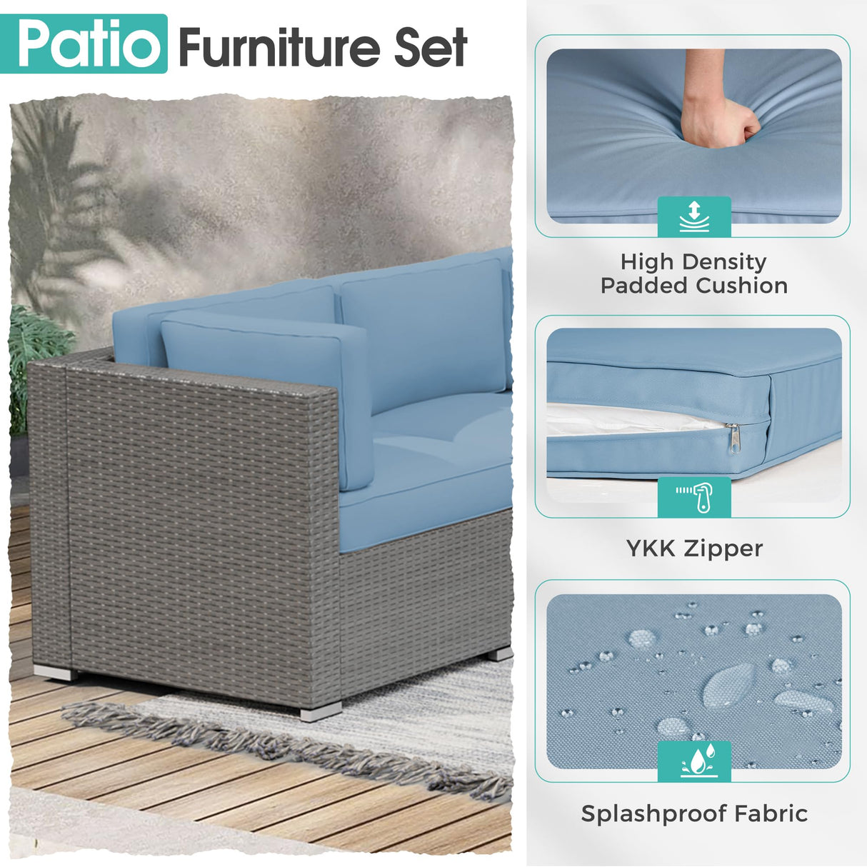 Crownland 7-Pieces Outdoor Patio Furniture Sets, All-Weather Grey Wicker Rattan Sectional Sofa, Modern Glass Coffee Table and Washable Seat Cushion with YKK Zipper (Light Blue) Crownland