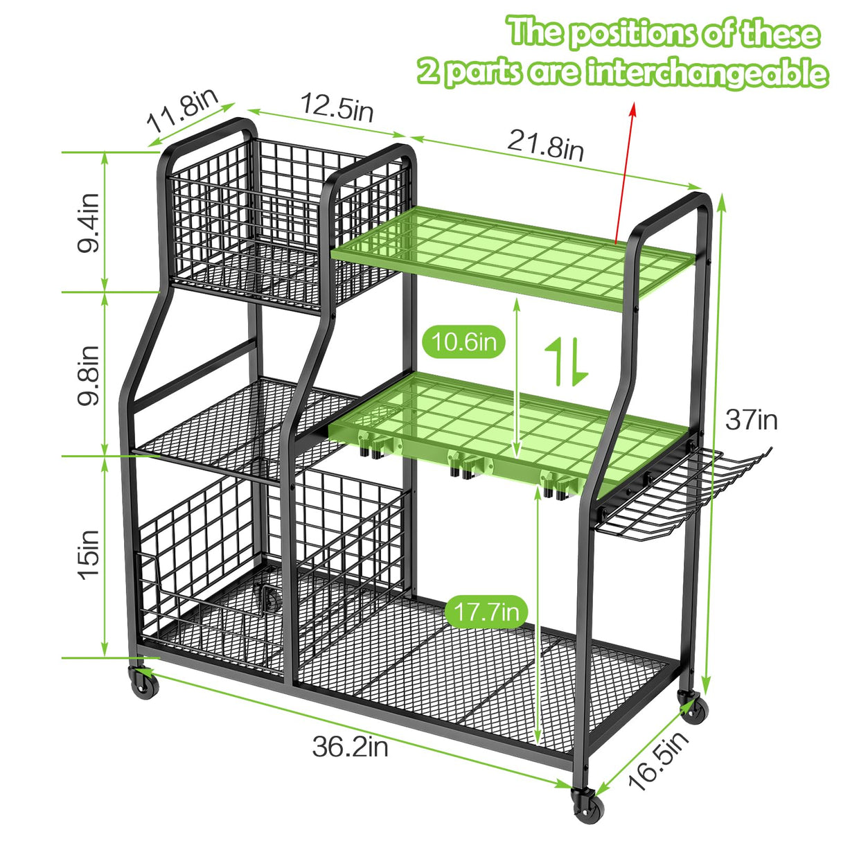 keomaisyto Garden Tool Organizer with Heavy Duty Wheels for Garage - with 2 Baskets, Large Yard Tool Organizer and Storage Holder, Utility Garden Tool Rack for/Shed/Garage/Yard/Basement/Lawn keomaisyto