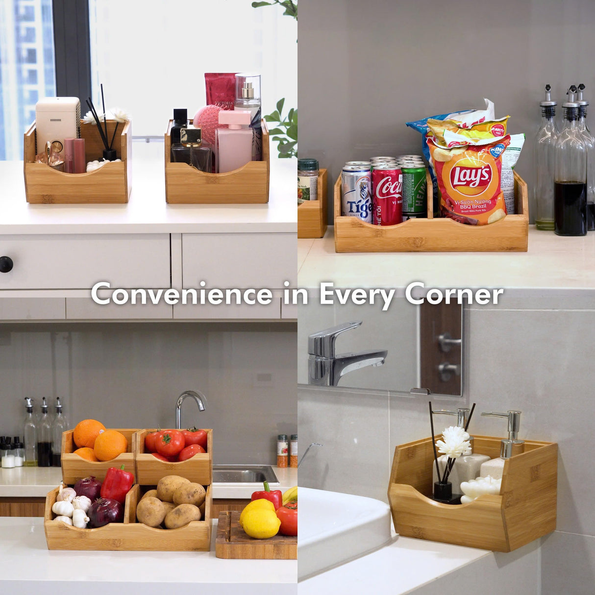 HOMESTEAD Bamboo Pantry Storage Bins - Stackable Baskets, Potato and Onion Storage for Pantry Organization, Set 3 Pieces HOMESTEAD