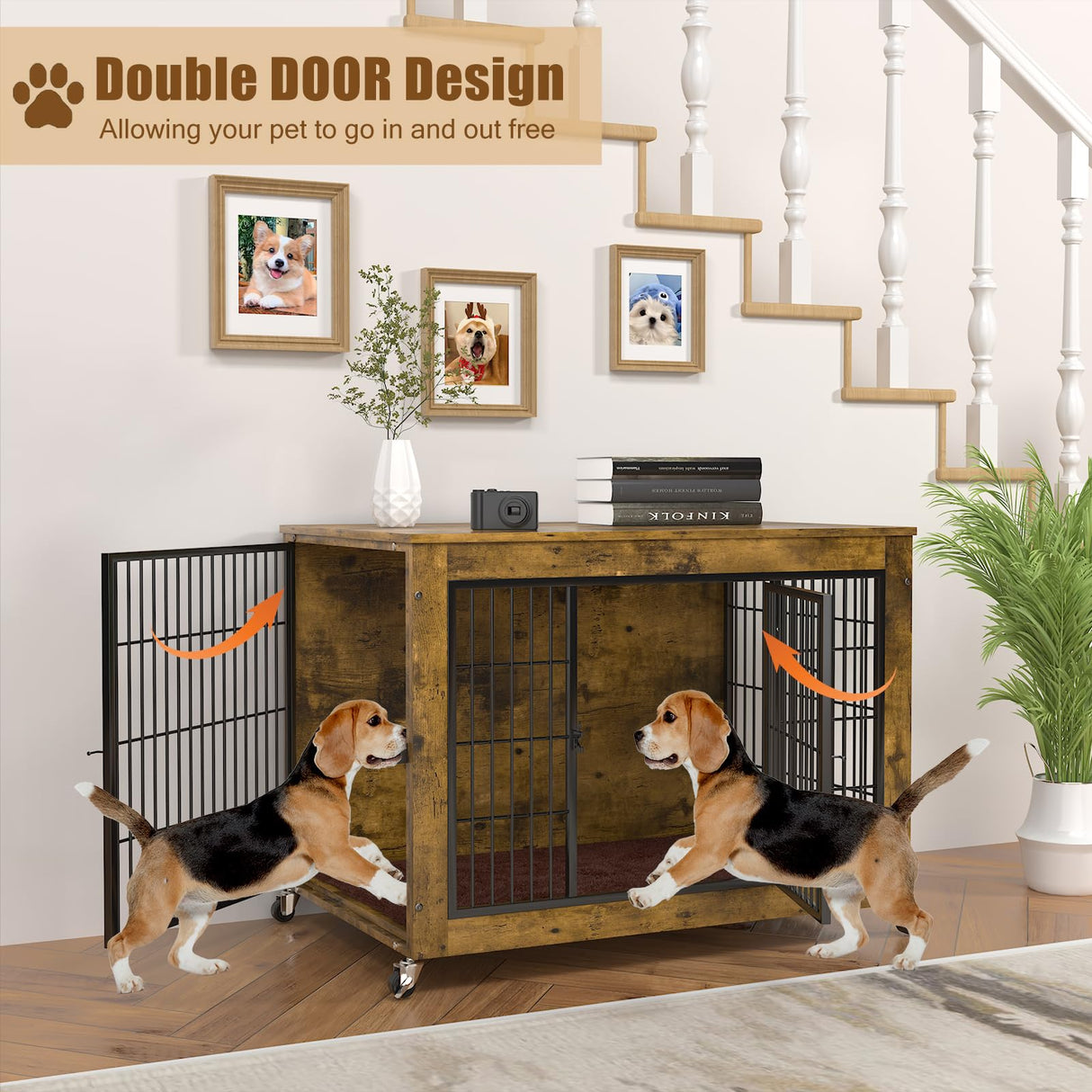 Dog Crate Furniture with Cushion, 32 Inch Wooden Dog Kennel Furniture Indoor, Heavy Duty Dog Crates for Small Medium Dogs, Dog Cage with Wheels, Chew Resistant, Double Doors Dog House, Rustic Brown VENDORZ