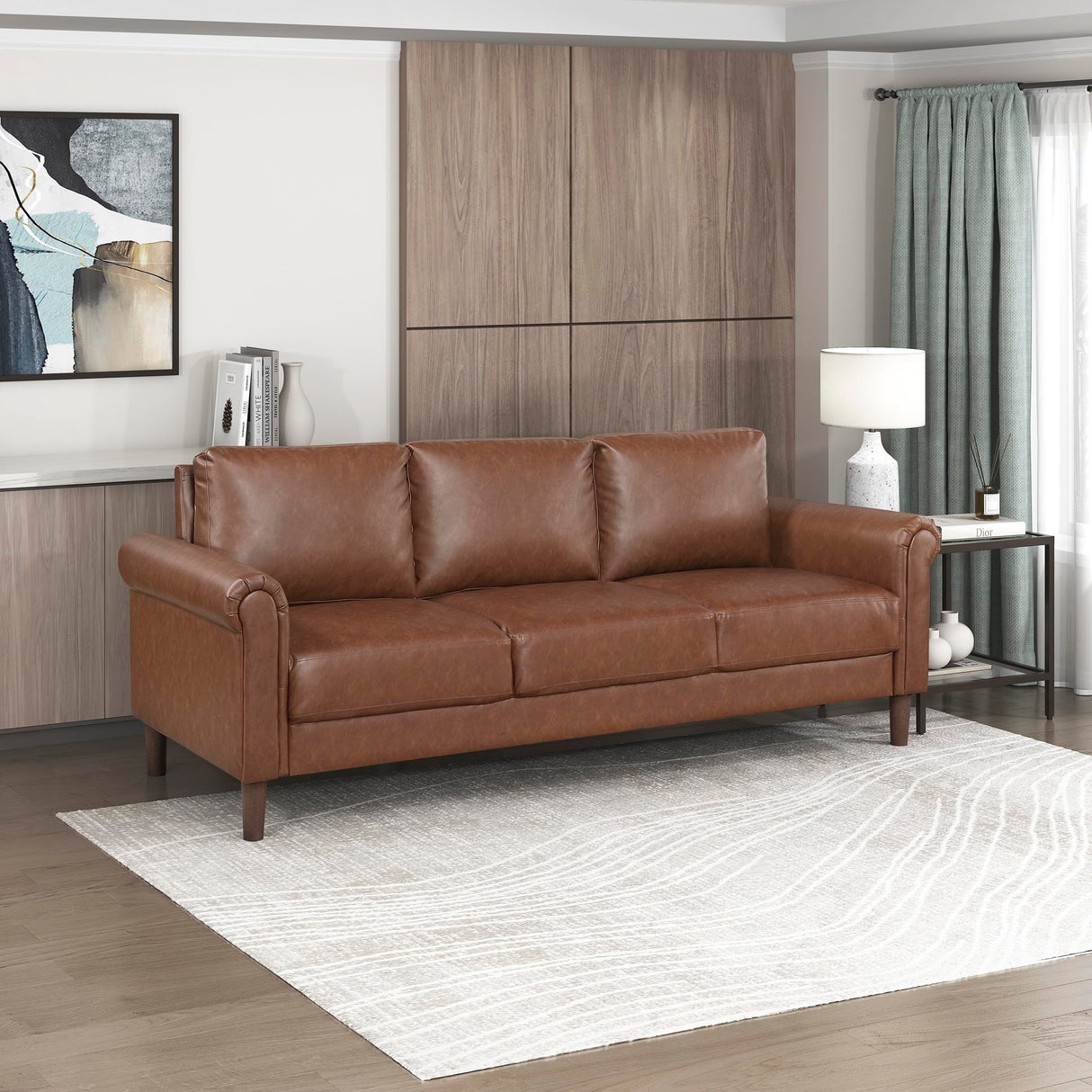 Lexicon 79" W Sofa Couch, Faux Leather Upholstered Couch, Sofa with Rolled Armrest for Bedroom/Office/Waiting Room, 3 Seater, Chocolate Lexicon