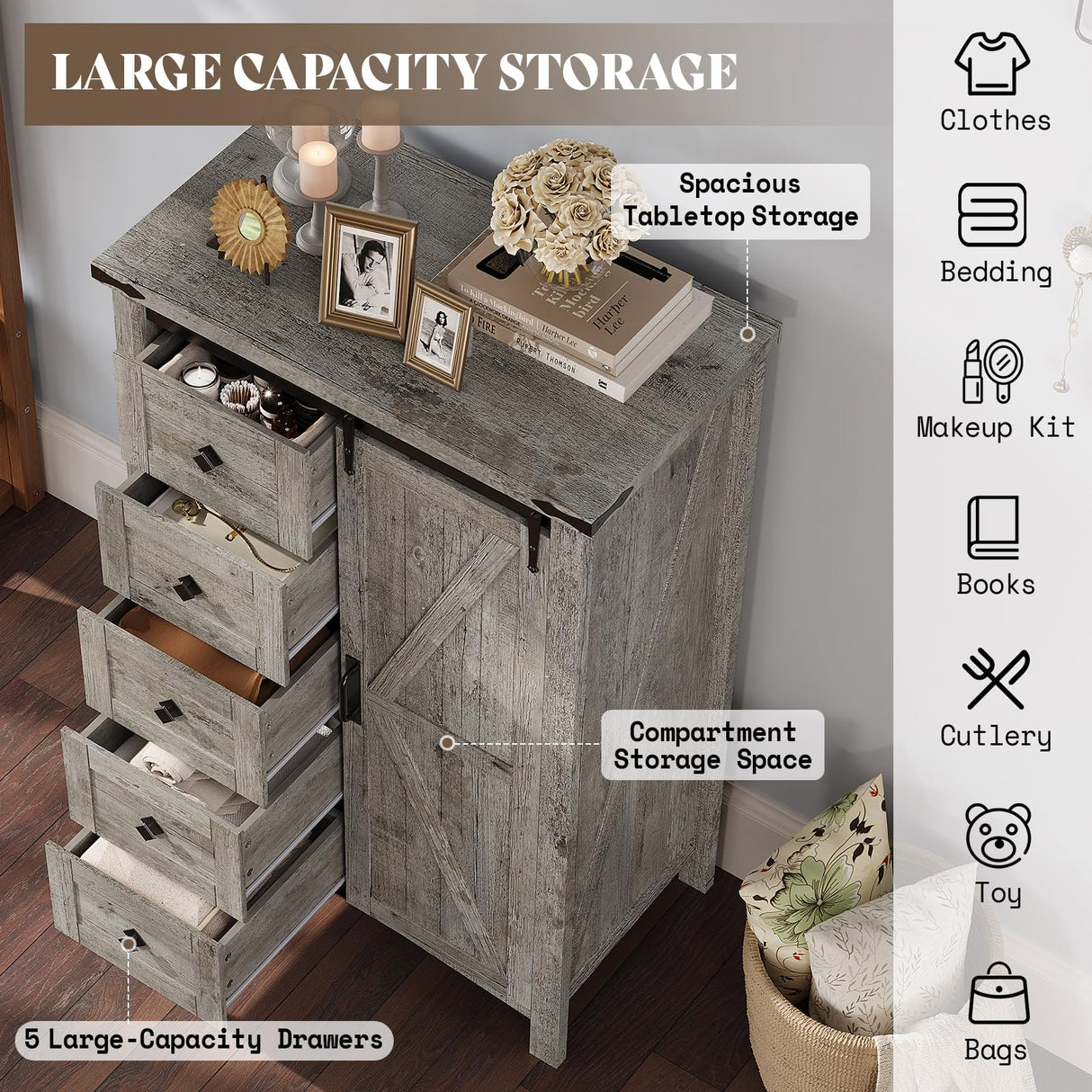 AMERLIFE 31.5'' Farmhouse Dresser with Sliding Barn Doors, 48" Rustic 5 Drawer Tall Dresser, Storage Organizer for Bedroom, Entryway, Light Rustic Oak AMERLIFE