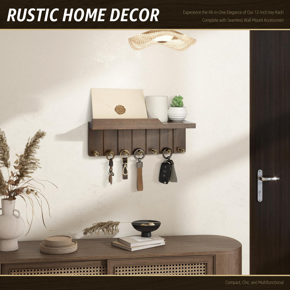 Rebee Vision Farmhouse Key Holder Wall Mount - Decorative Key and Mail Holder for Wall with 7 Hooks and Shelf Organizer - Ideal Apartment Essentials for Aesthetic Home Decor (Rustic Brown) Rebee Vision