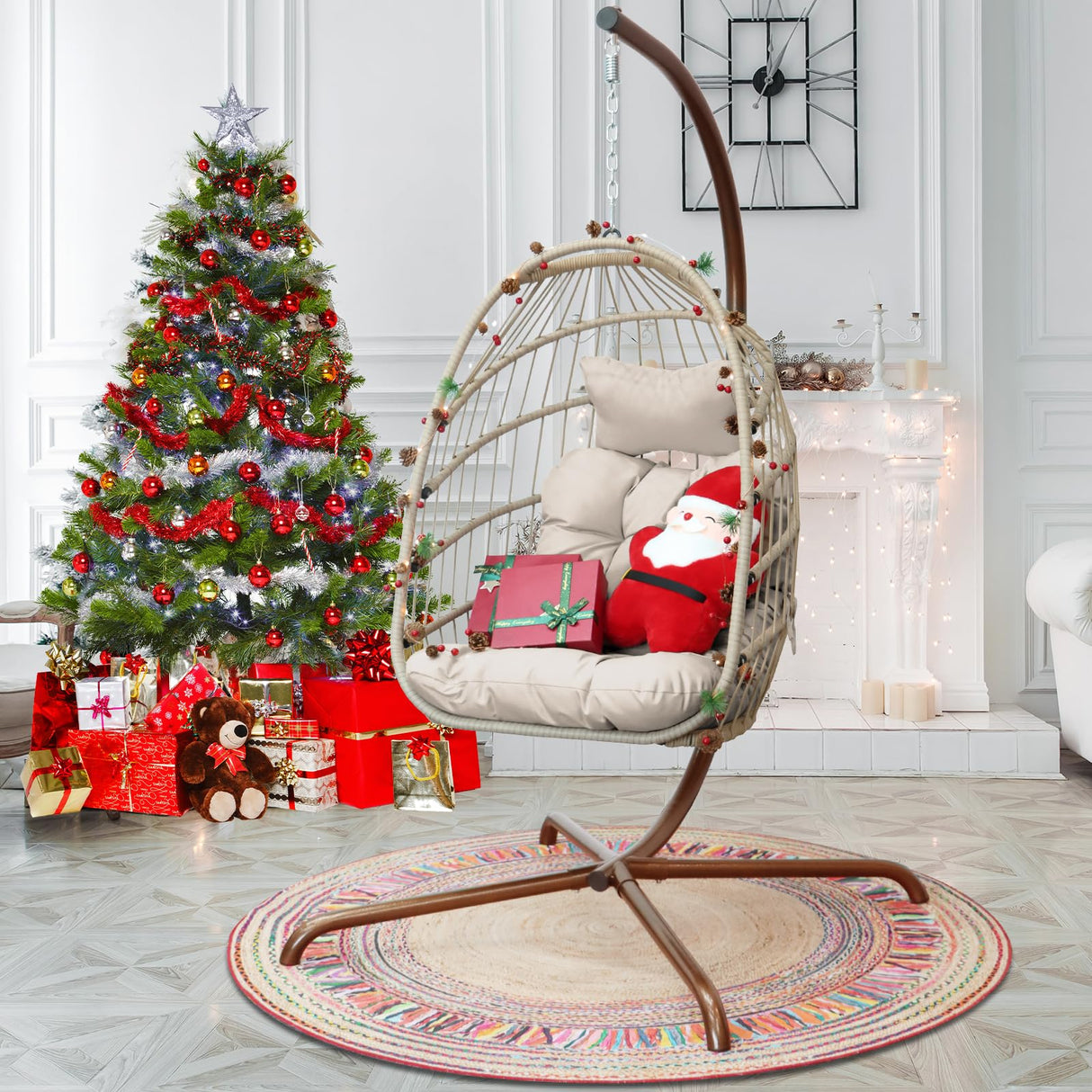 NICESOUL Indoor Outdoor Wicker Hanging Egg Chair with Stand, Cozy Patio Swing Hammock Egg Shell Chairs with Cushions, 350lbs Capacity Sturdy Porch Swing for Backyard Balcony, Beige with Cover NICESOUL