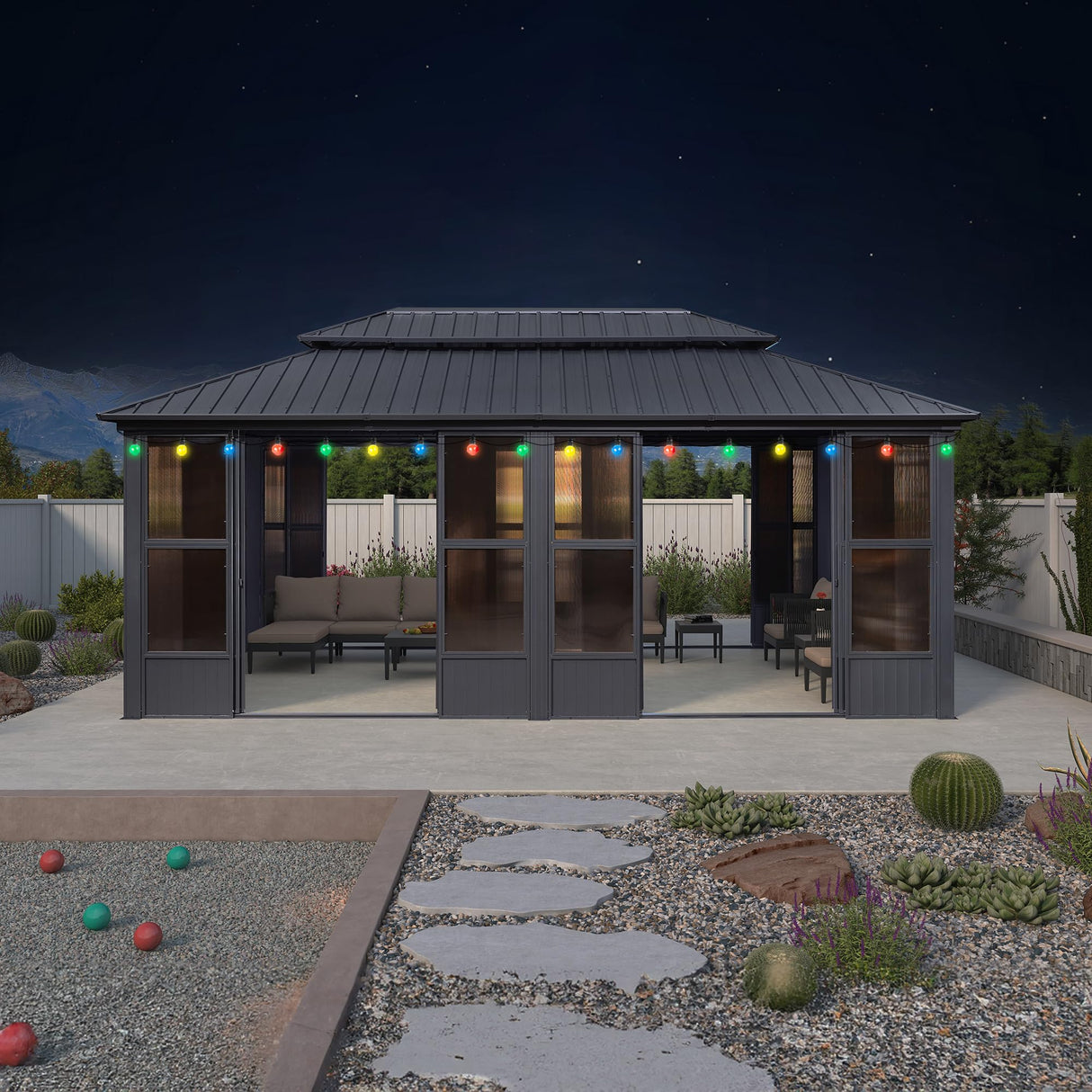 PURPLE LEAF 12' X 20' Sunroom with Light Permanent Hardtop Gazebo Solarium Galvanized Steel Double Roof Aluminum Outdoor Screen House for Patio Deck Backyard Grey PURPLE LEAF