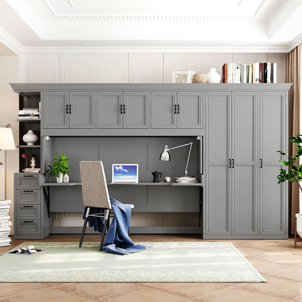 LUMISOL Twin Size Murphy Bed, Hidden Wall Bed with Wardrobe, Cabinet and Desk for Bedroom, Guestroom, Apartment, Grey LUMISOL