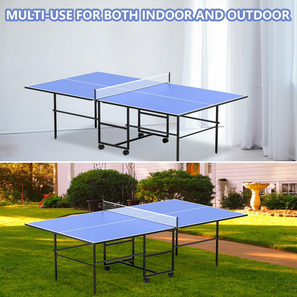 9ft Mid-Size Folding Rolling Ping Pong, Foldable & Portable Ping Pong Table Set for Indoor Games with Net, 2 Table Tennis Paddles and 3 Balls, Size 108 * 60 * 30Inch HIMcup