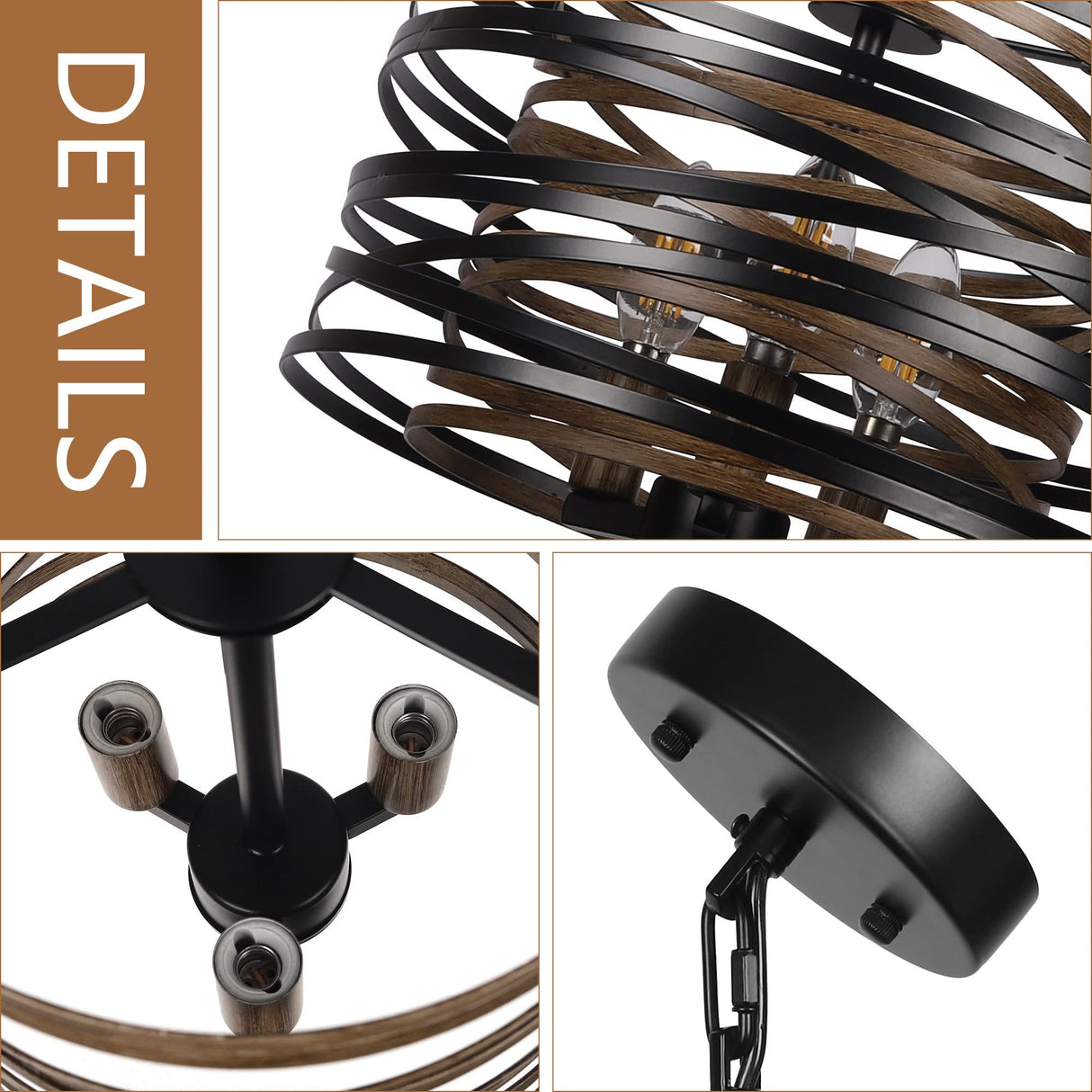 12.6'' Farmhouse Chandeliers for Dining Room, 3-Light Industrial Metal Hanging Light Fixture, Rustic Drum Pendant Light for Entryway Kitchen Foyer Bedroom, Black with Retro Wood Texture Interior ACNKTZ