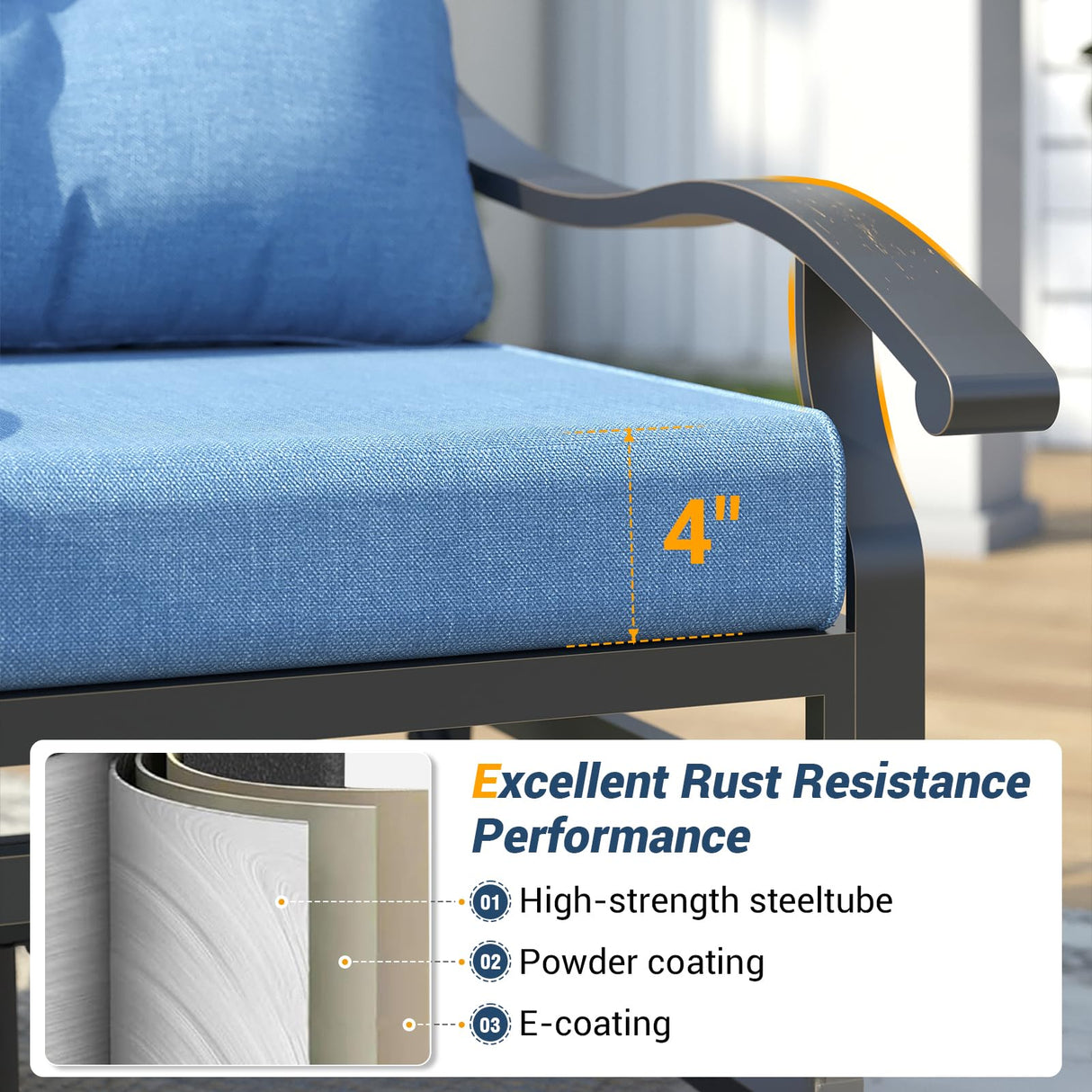 UDPATIO Outdoor Swivel Rocker Chairs, 3 Piece Metal Patio Rocking Chairs with Blue Padded Cushions Patio Bistro Furniture Set with Side Table for Porch Balcony Backyard, Blue UDPATIO