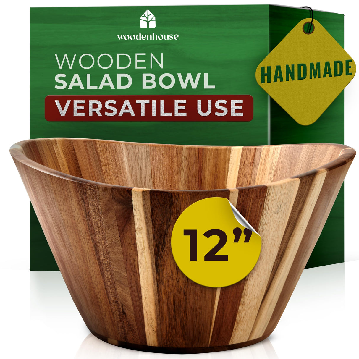 Wooden Salad Bowl, Wood Bowl - 12" Wavy Design Large Salad Bowl for Serving, Fruit Bowls, Handmade, Durable and Stylish Natural Wood Dining Accessory by Woodenhouse WOODENHOUSE LIFELONG QUALITY