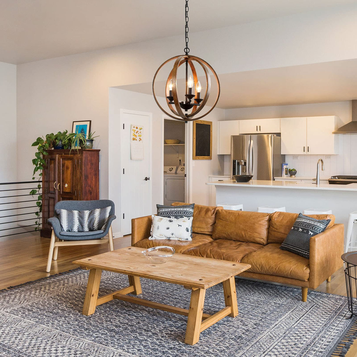 LOG BARN Farmhouse Chandeliers, Faux-Wood Globe Hanging 3-Light Fixture for Dining & Living Room, Bedroom, Foyer and Entryway LOG BARN