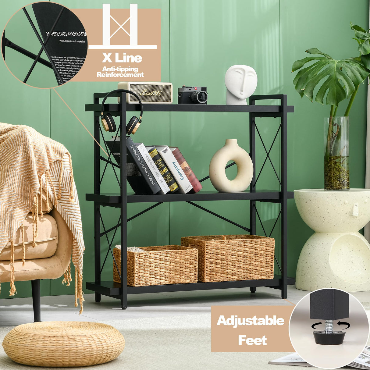 HCHQHS Bookshelf, 3-Tier Industrial Bookcase, Black Open Book Shelf, Freestanding Horizontal Bookshelves with Metal Frame HCHQHS