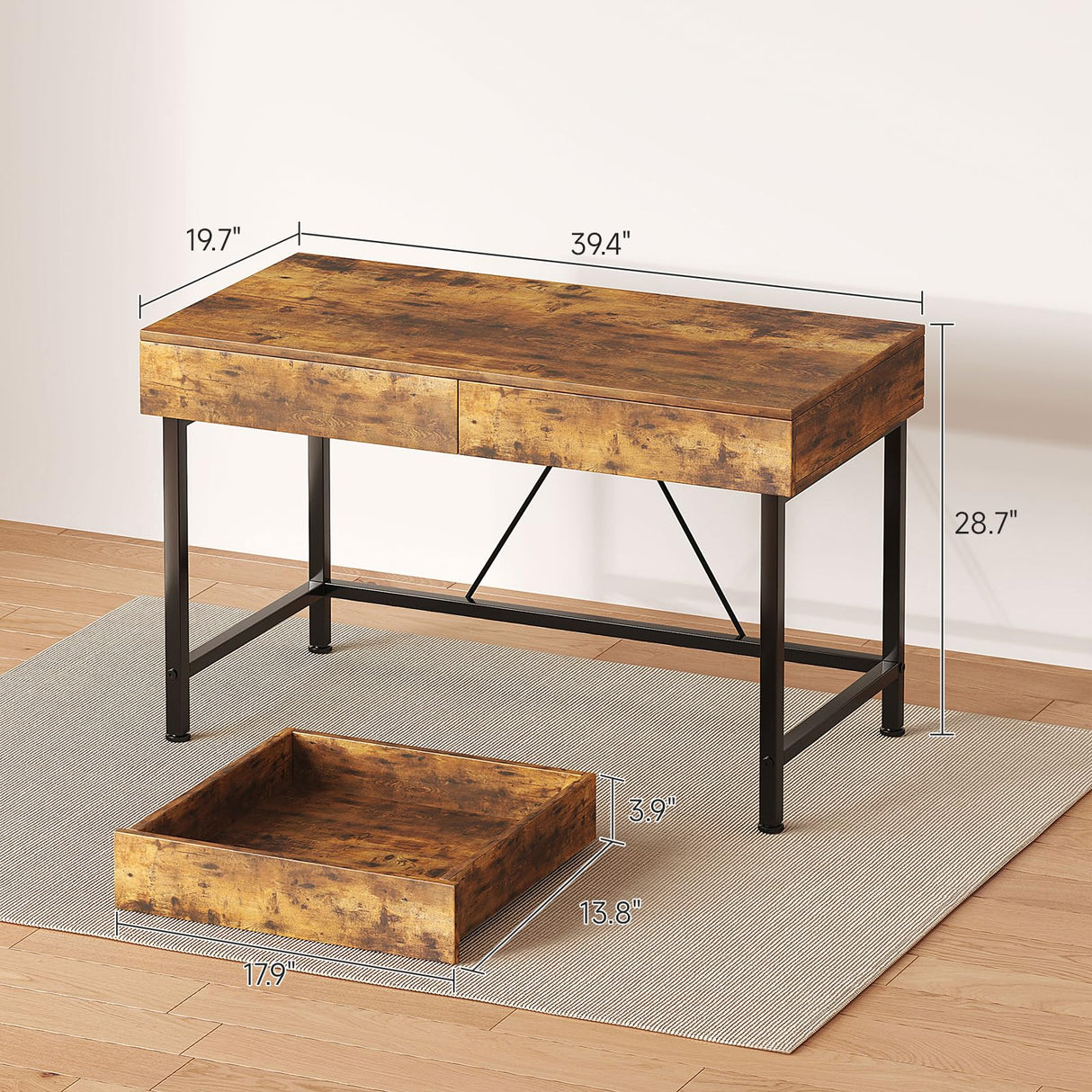 VERMESS 40Inch Solid Wood Desk with Drawers,Home Office Desk for Small Space,Modern Makeup Vanity Desk,Writing/Study/Work Table, Kids Desk for Bedroom (Wood, Rustic Brown) VERMESS