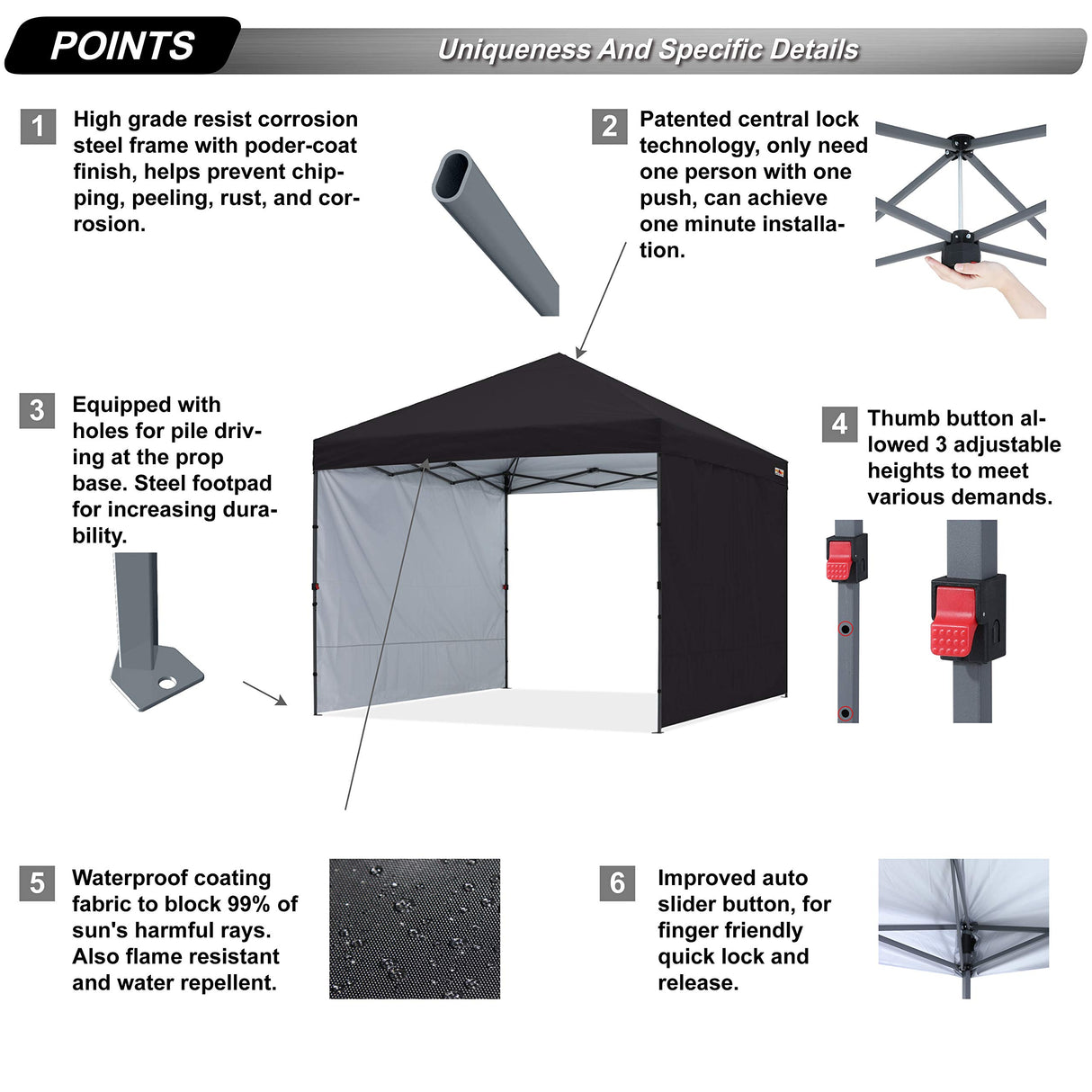 ABCCANOPY Easy Pop up Canopy Tent with 2 Sidewalls for Outdoor Sun Blocking or Rain Protection,10x10, Black ABCCANOPY