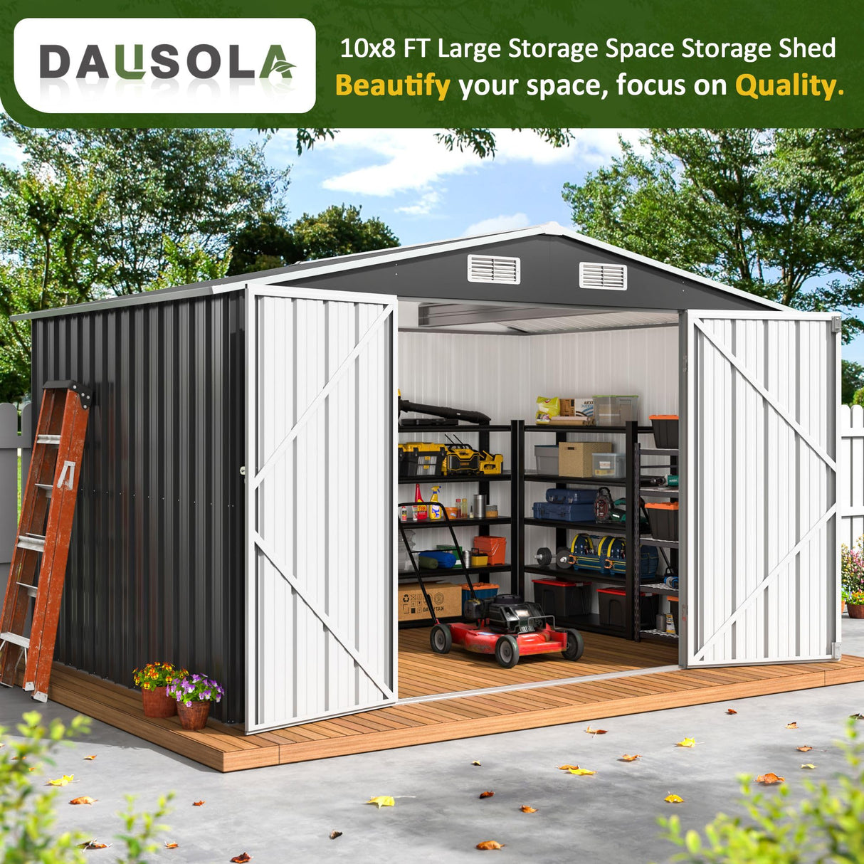 DAUSOLA 10x8 FT Outdoor Storage Shed, Metal Garden Tool Shed with Updated Frame Structure and Lockable Doors, Ideal for Backyard Garden Patio Lawn, Grey DAUSOLA