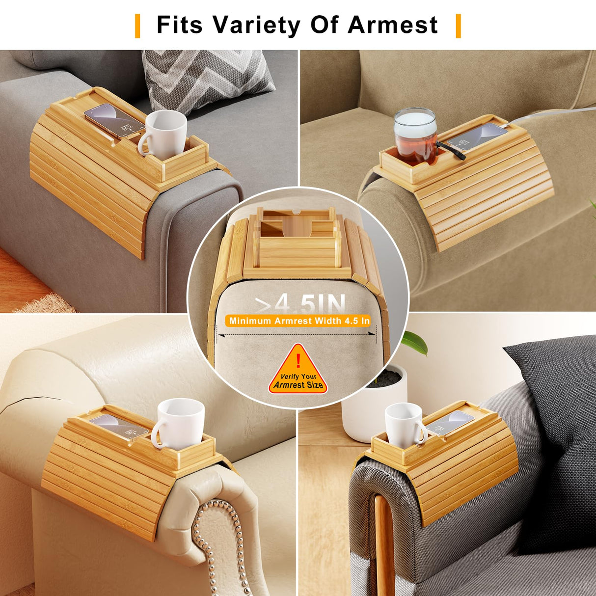 Bestjing Bamboo Sofa Armrest Tray - Couch Arm Tray with Detachable Couch Cup Holder Tray - Anti-Slip Foldable Sofa Table Tray - Cup Holder Tray for Drinks Cup Cellphone Remote Snacks Bestjing