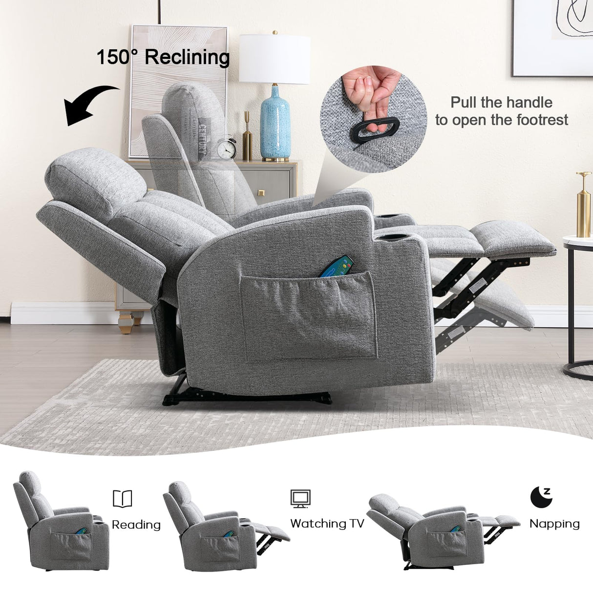 CANMOV Manual Recliner Chair with Massage and Heat,Comfy Recliner Chair Sofa with Overstuffed Arms and Back, Manual Reclining Single Sofa with 2 Cup Holders, Side Pocket for Living Room,Grey CANMOV